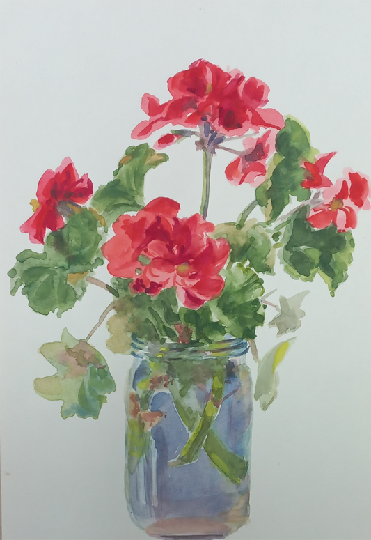 Suz Zurcher original watercolour artwork on artist paper depicting red garden geraniums arranged in a transparent glass vase