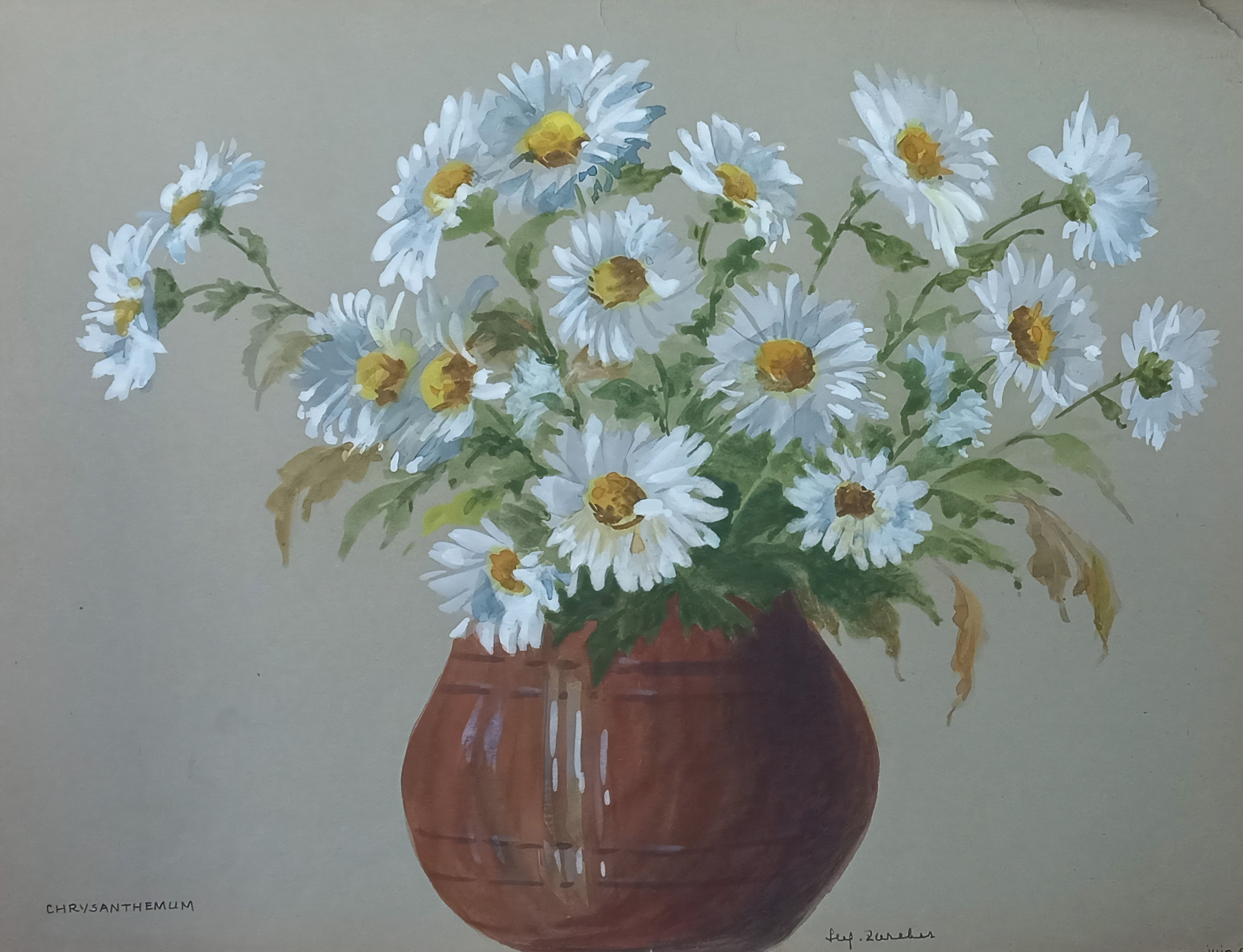 Suz Zurcher original watercolour artwork on artist paper depicting white chrysanthemums arranged in a rounded brown vase