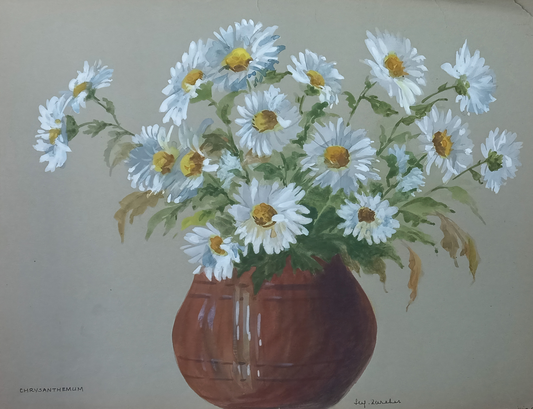 Suz Zurcher original watercolour artwork on artist paper depicting white chrysanthemums arranged in a rounded brown vase