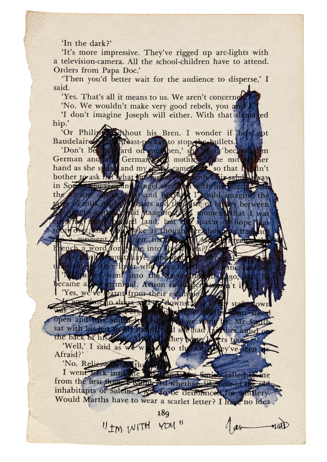 Thando Ngwenya original mixed-media artwork depicting a group of figures painted and drawn over a vintage printed book page