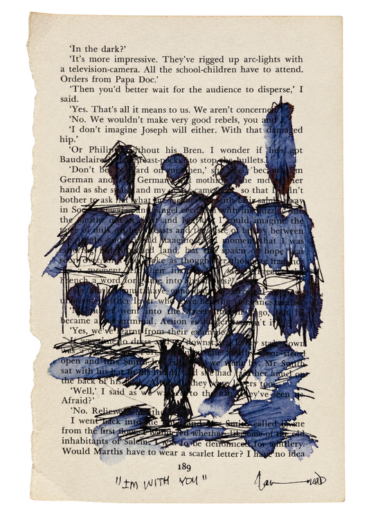 Thando Ngwenya original mixed-media artwork depicting a group of figures painted and drawn over a vintage printed book page