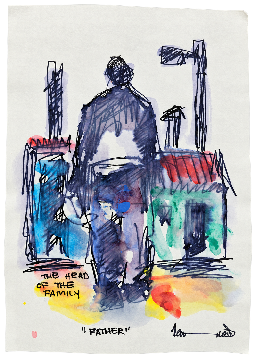 Thando Ngwenya original artwork depicting a father figure walking through a colourful township setting