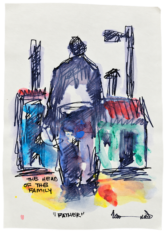 Thando Ngwenya original artwork depicting a father figure walking through a colourful township setting