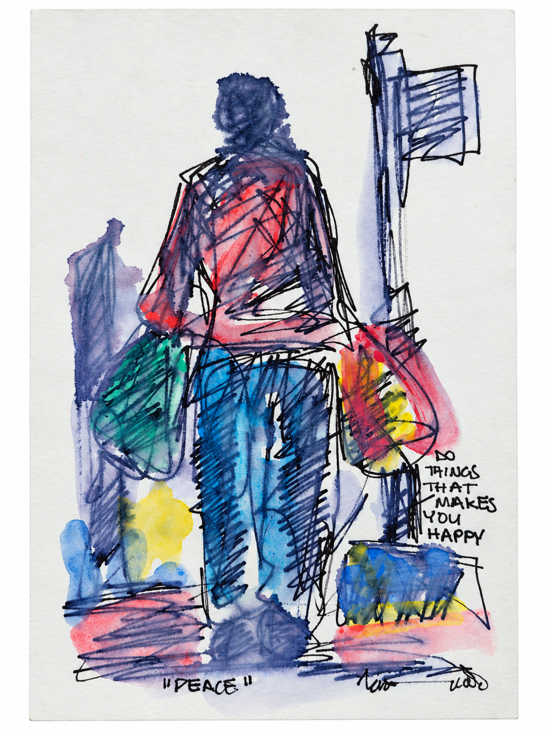 Thando Ngwenya original artwork titled Peace featuring a township figure carrying colourful bags with an uplifting handwritten message