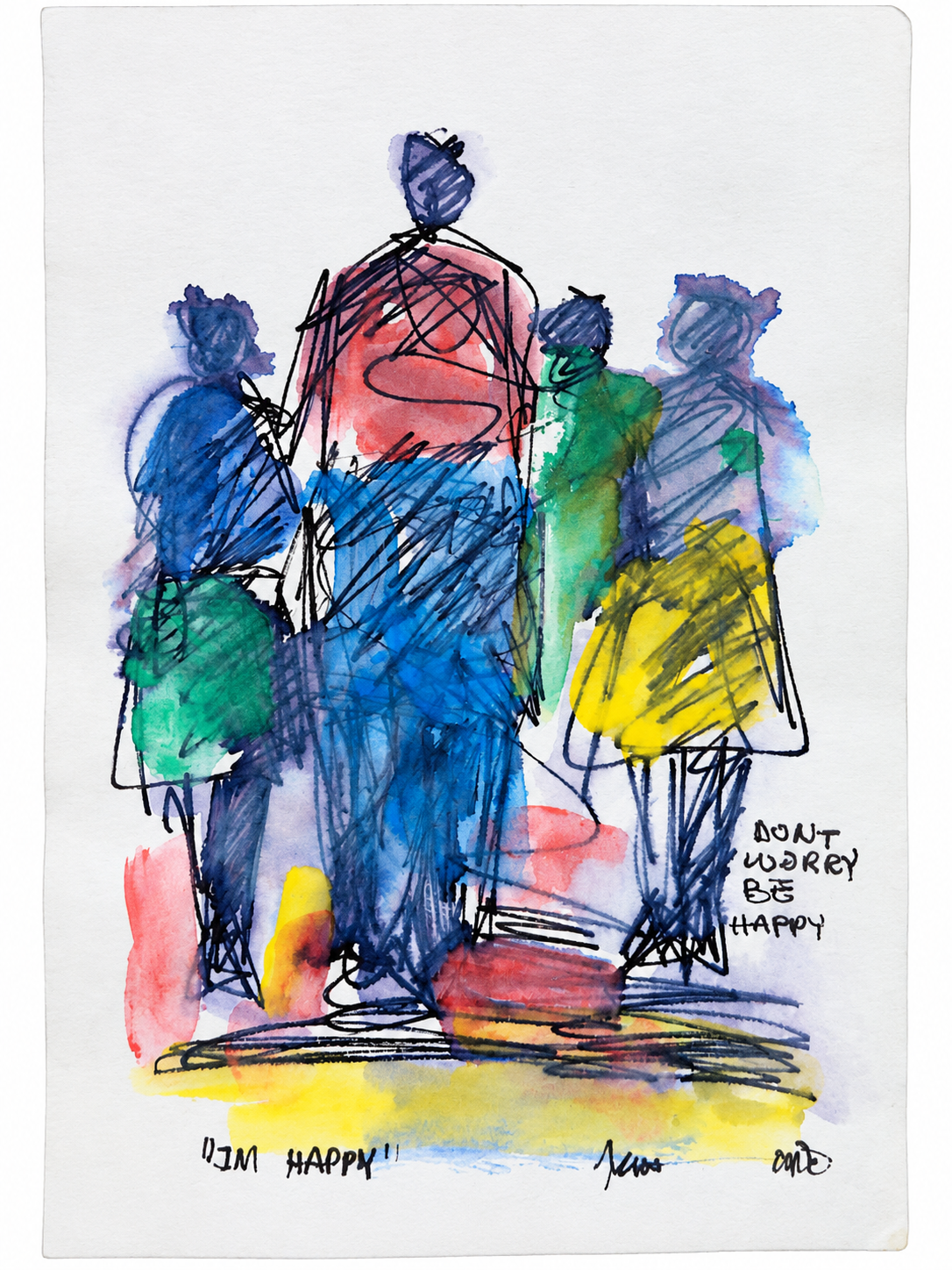 Thando Ngwenya original artwork depicting four township figures with colourful washes and the words I'm Happy
