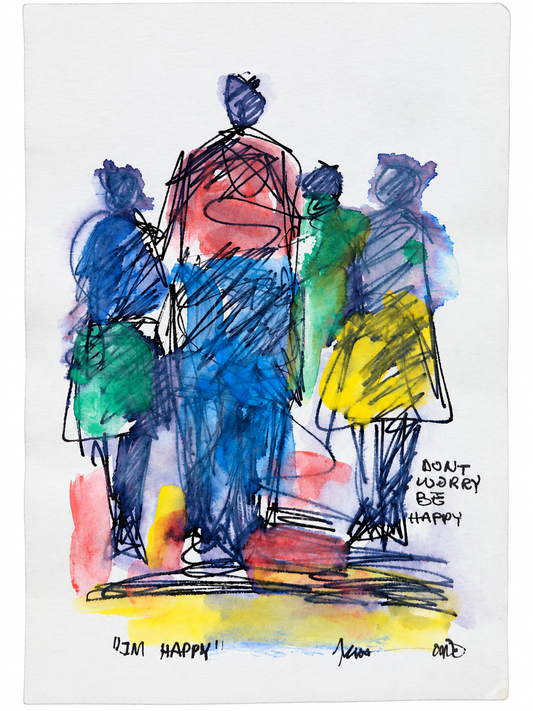 Thando Ngwenya original artwork depicting four township figures with colourful washes and the words I'm Happy