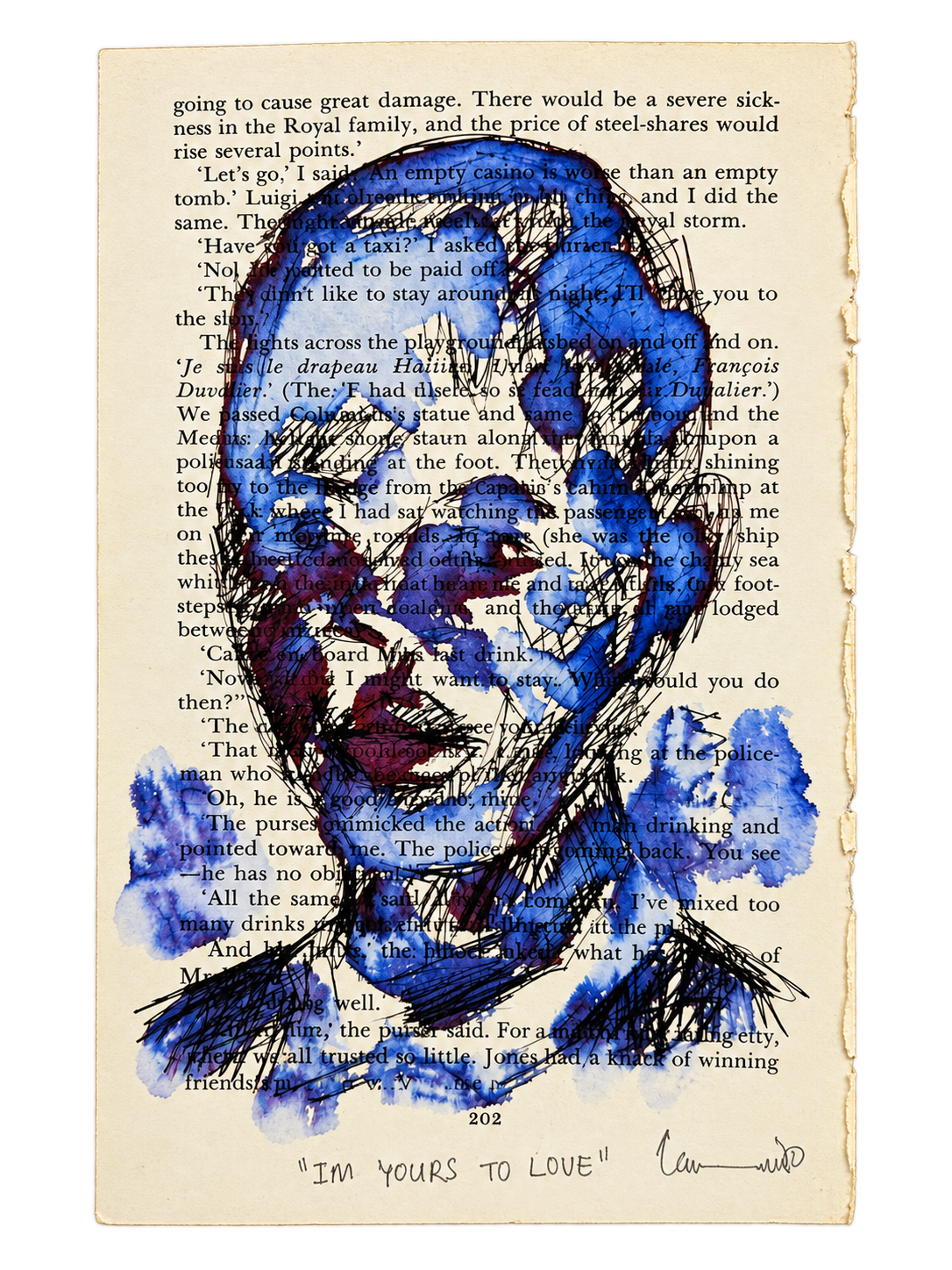 Thando Ngwenya original portrait artwork painted over a vintage book page and titled I'm Yours to Love