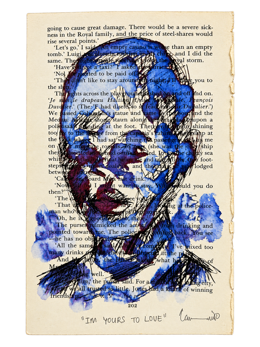 Thando Ngwenya original portrait artwork painted over a vintage book page and titled I'm Yours to Love