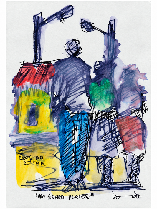 Thando Ngwenya original artwork showing three figures walking through a colourful township street beneath streetlights