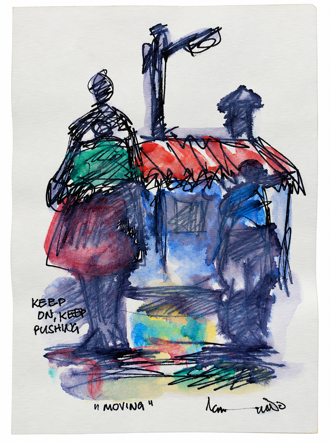 Thando Ngwenya original township artwork titled Moving featuring two figures and the message Keep On Keep Pushing