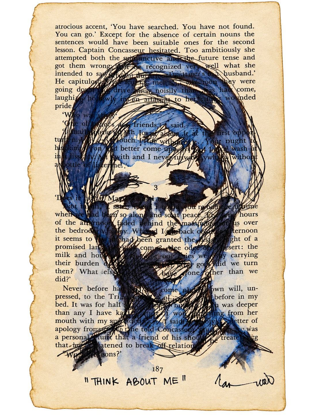 Thando Ngwenya original artwork featuring an expressive female portrait painted over a vintage book page and titled Think About Me