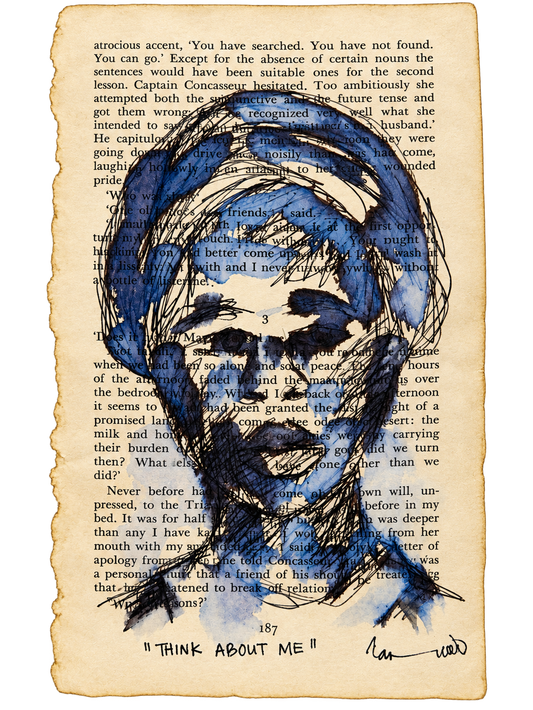 Thando Ngwenya original artwork featuring an expressive female portrait painted over a vintage book page and titled Think About Me