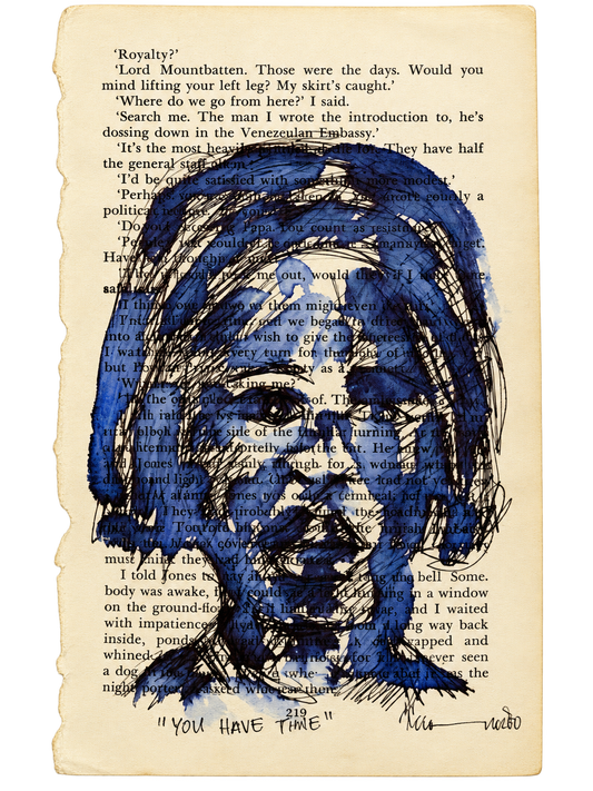 Thando Ngwenya original female portrait painted in expressive blue and black over a vintage book page