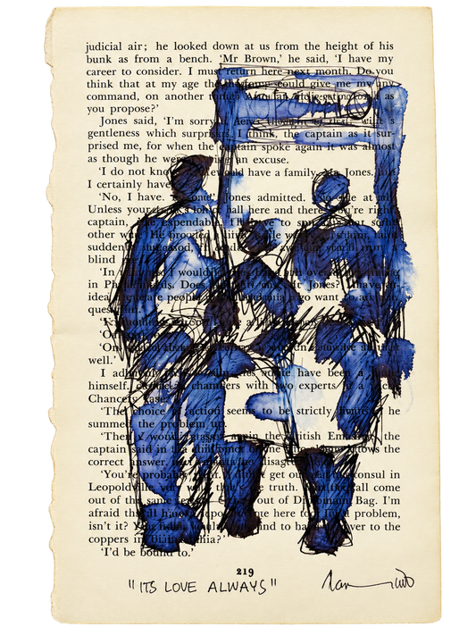 Thando Ngwenya original township artwork depicting a group of figures painted over a vintage book page and titled It's Love Always