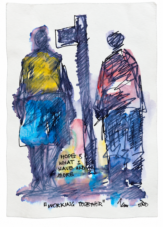Thando Ngwenya original artwork titled Working Together featuring two township figures and the handwritten message about hope