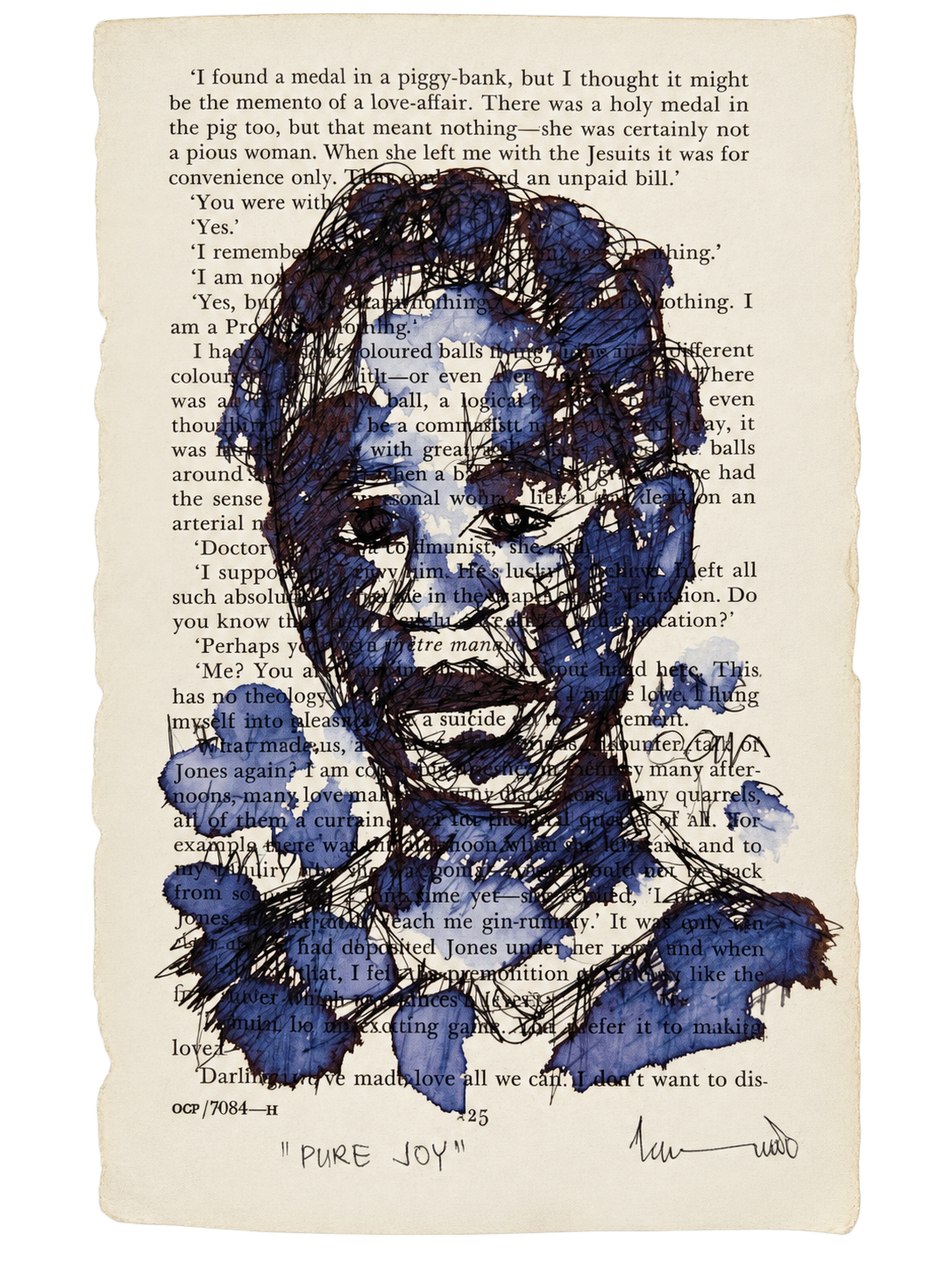 Thando Ngwenya original portrait titled Pure Joy painted in blue and black mixed media over a vintage book page