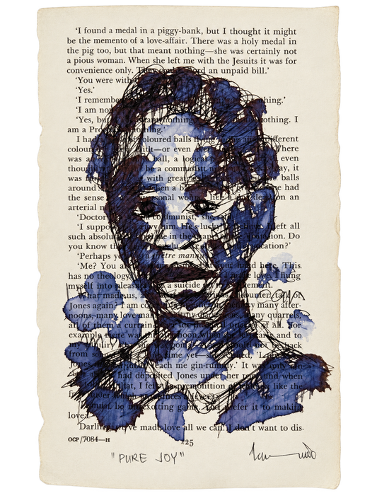 Thando Ngwenya original portrait titled Pure Joy painted in blue and black mixed media over a vintage book page