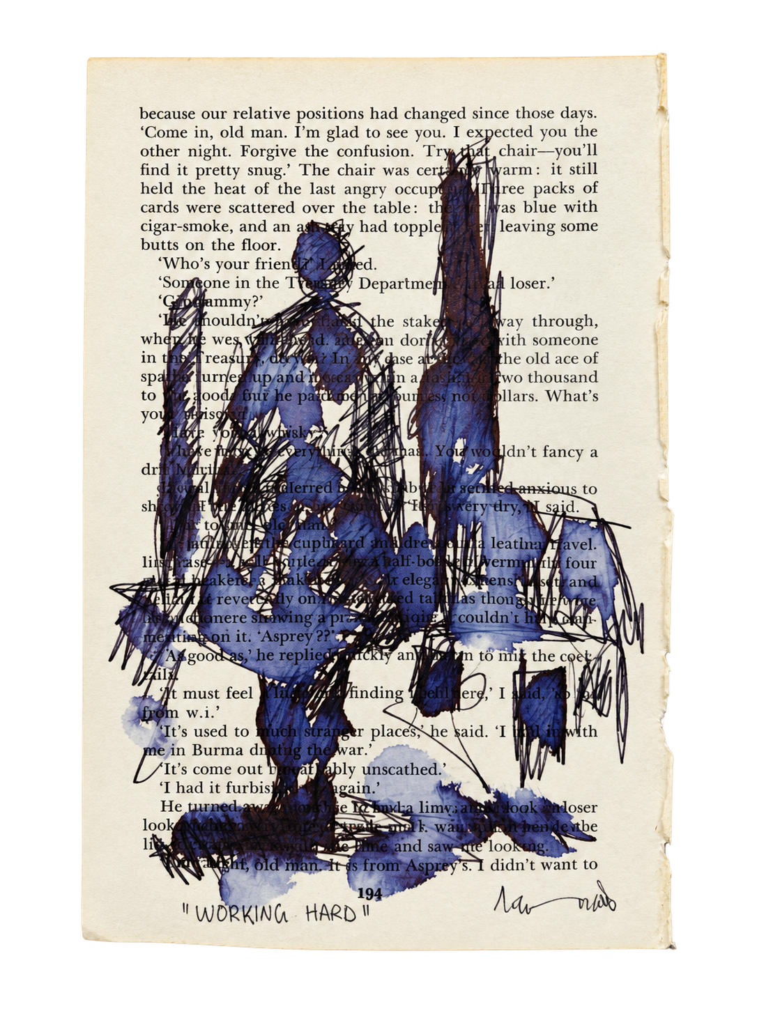Thando Ngwenya original township group artwork painted over a vintage book page and titled Working Hard
