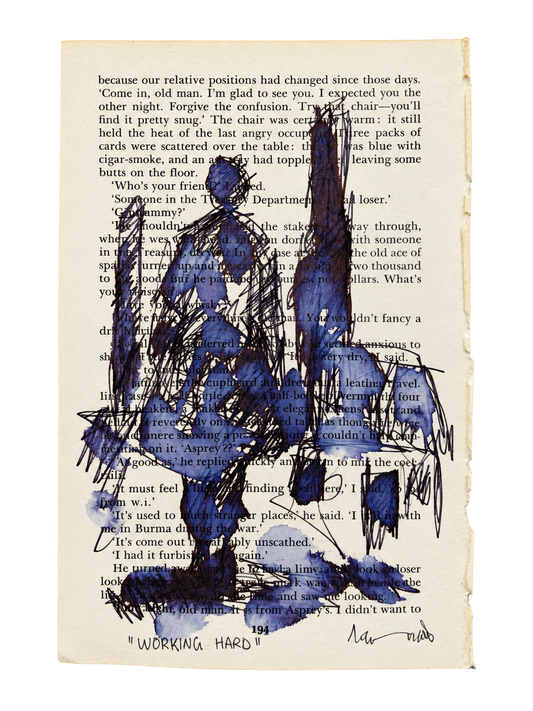 Thando Ngwenya original township group artwork painted over a vintage book page and titled Working Hard