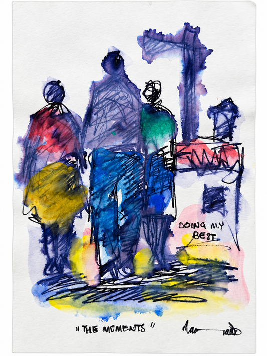 Thando Ngwenya original artwork titled The Moments depicting a colourful township group scene with the phrase Doing My Best