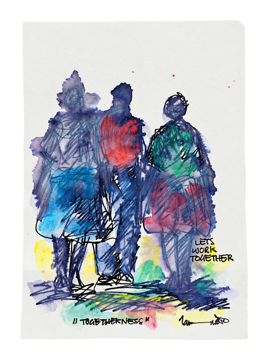Thando Ngwenya original artwork titled Togetherness depicting three township figures with the words Let's Work Together