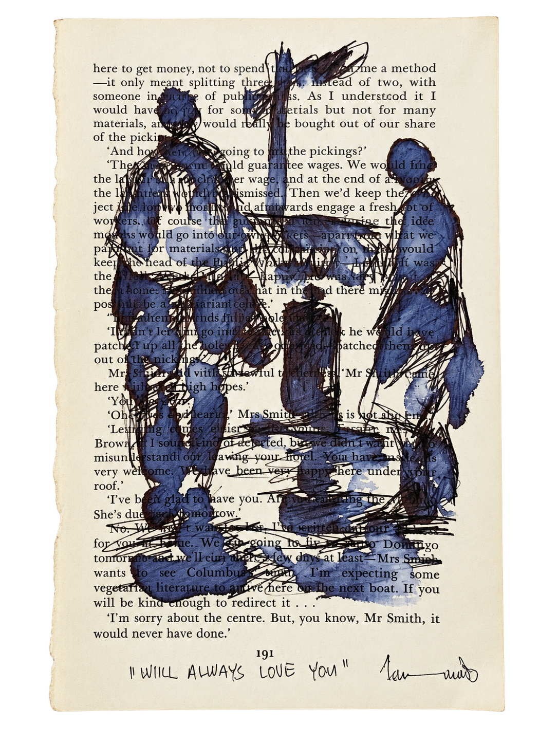 Thando Ngwenya original artwork depicting township figures over a vintage book page and titled I Will Always Love You