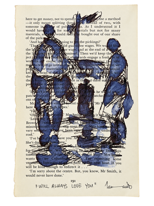 Thando Ngwenya original artwork depicting township figures over a vintage book page and titled I Will Always Love You