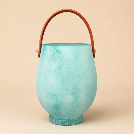 Turquoise Glass Vase Orange Handle photographed on a warm beige studio background