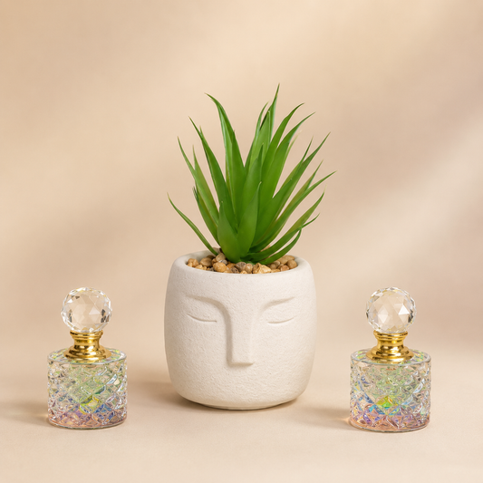 White Abstract Face Planter with Succulent photographed on a warm beige studio background