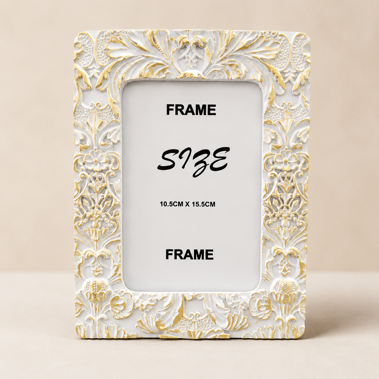 White and Gold Ornate Photo Frame photographed on a warm beige studio background