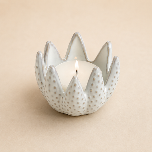 White Petal Ceramic Tealight Holder photographed on a warm beige studio background