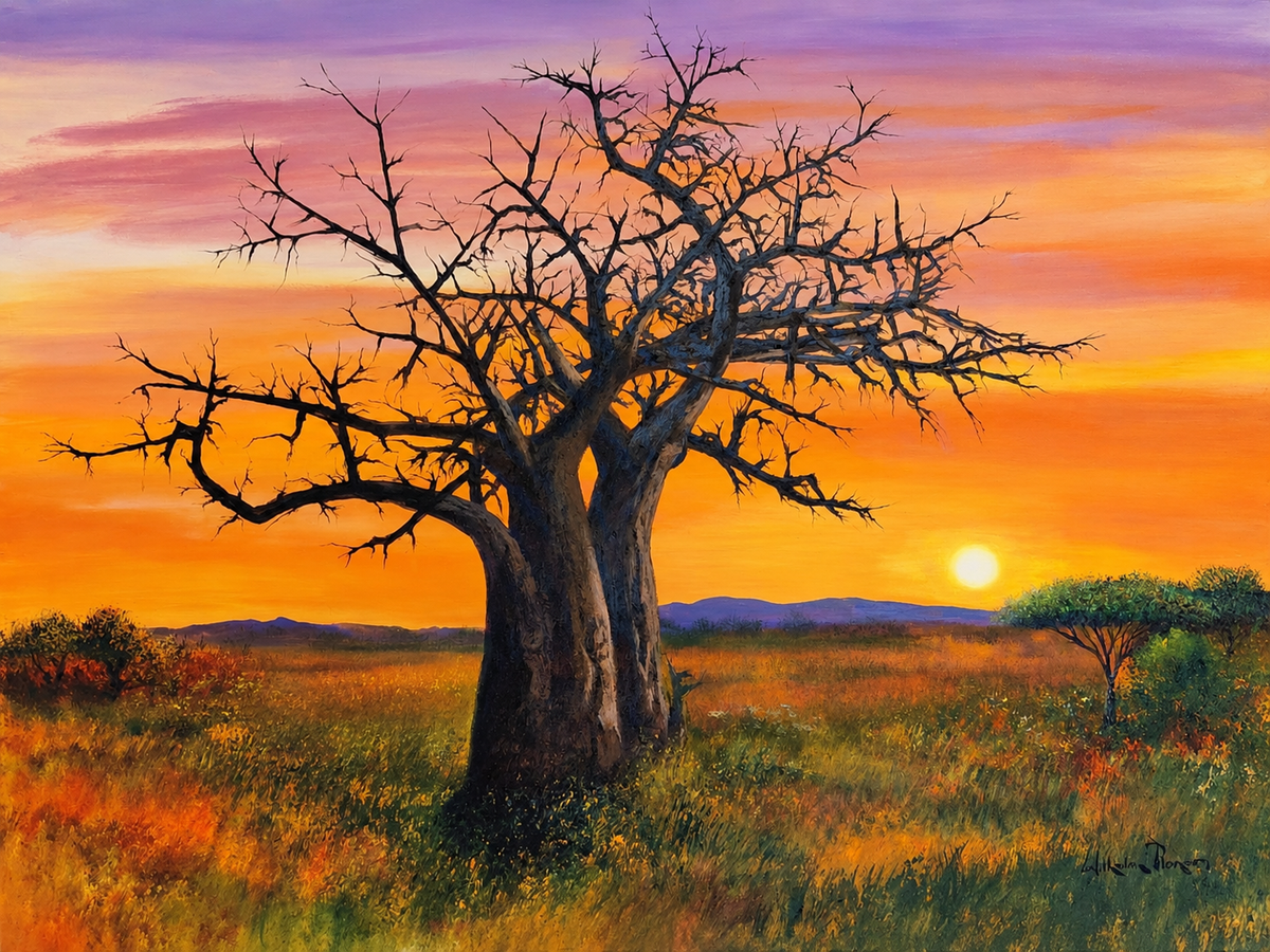 Wilhelm Ploner original artwork featuring a large baobab tree silhouetted against a glowing orange African sunset and open savanna