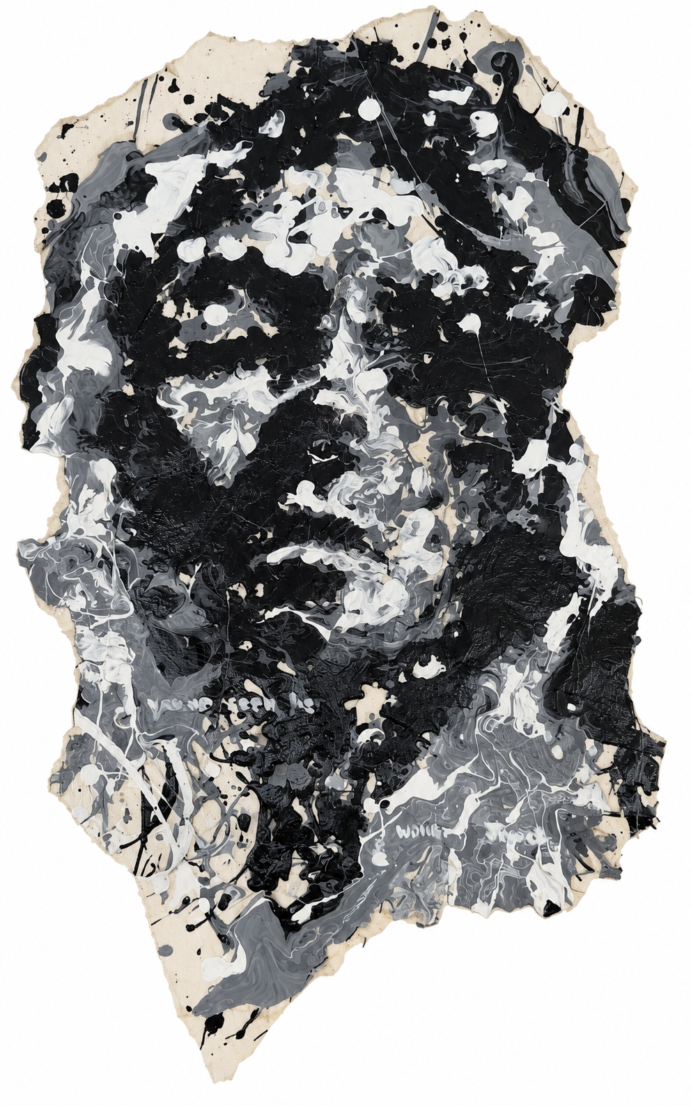 Willem Jonck original artwork featuring an abstract human face formed from layered black grey and white gestural marks