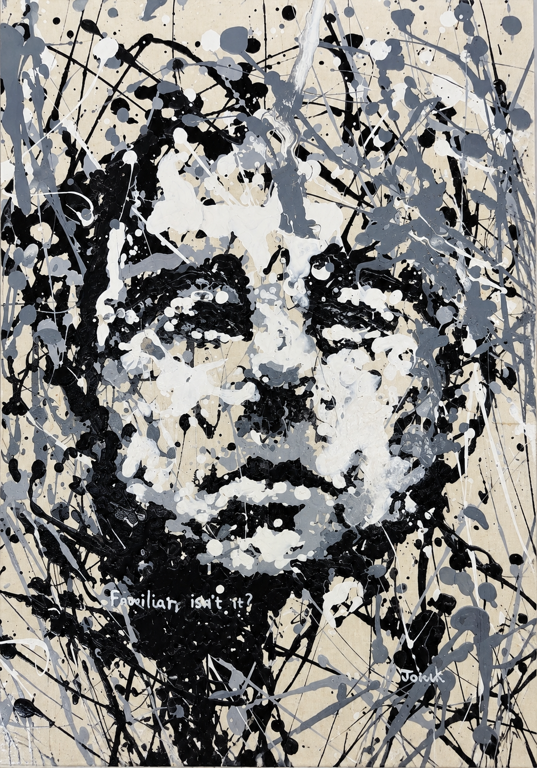 Willem Jonck original artwork depicting an expressive face formed from layered black white and grey abstract paint marks