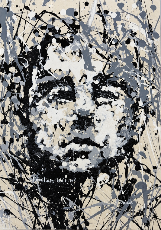 Willem Jonck original artwork depicting an expressive face formed from layered black white and grey abstract paint marks