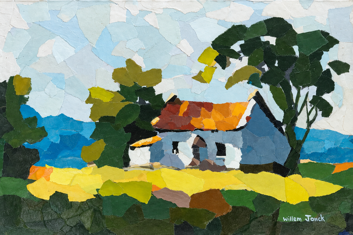 Willem Jonck original artwork depicting a rural farmhouse with an orange roof surrounded by trees and colourful open fields
